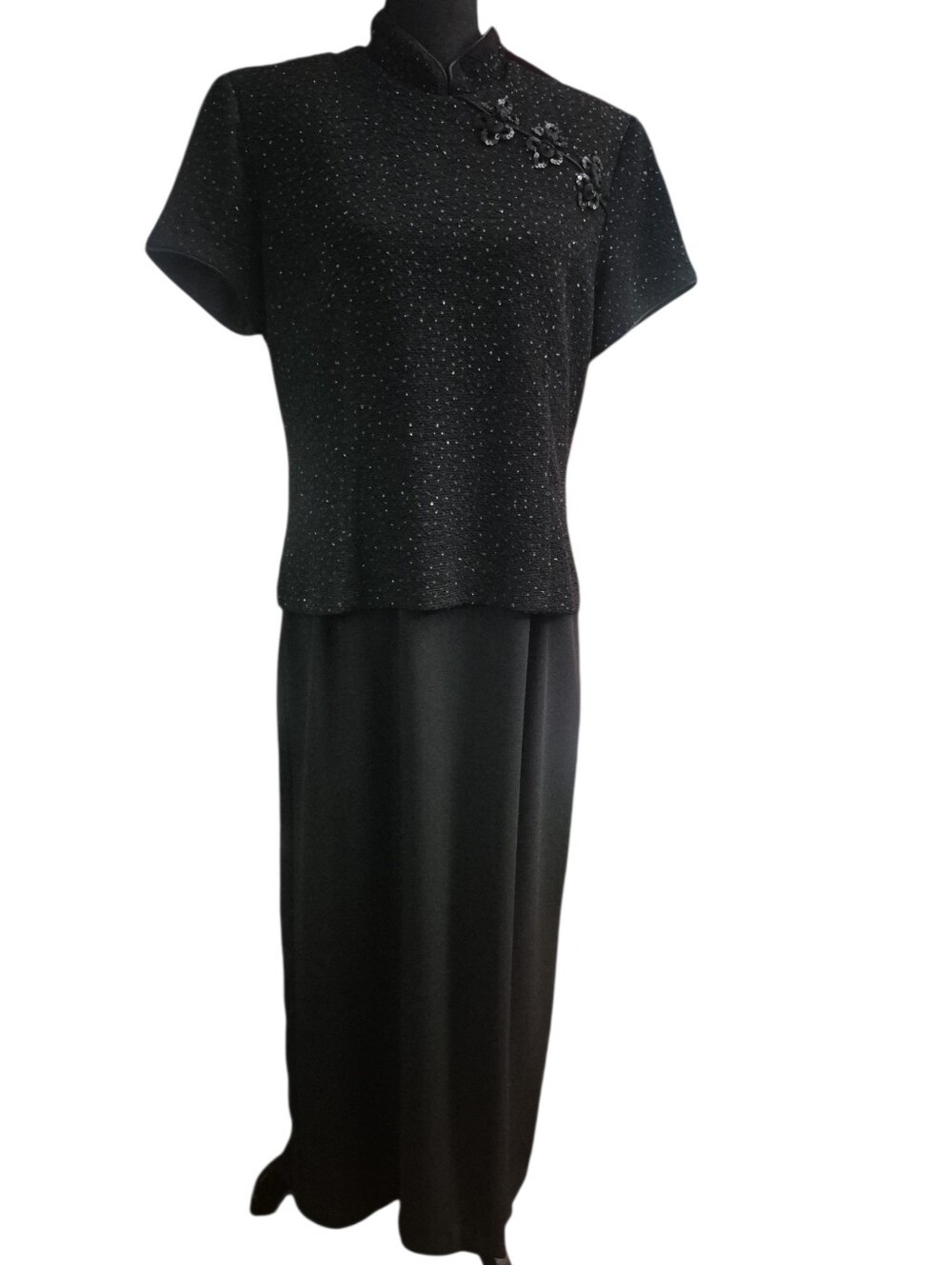 ​Vintage Jessica Howard 90s Cheongsam Blk Sequin Mandarin Collar Maxi Dress Sz14